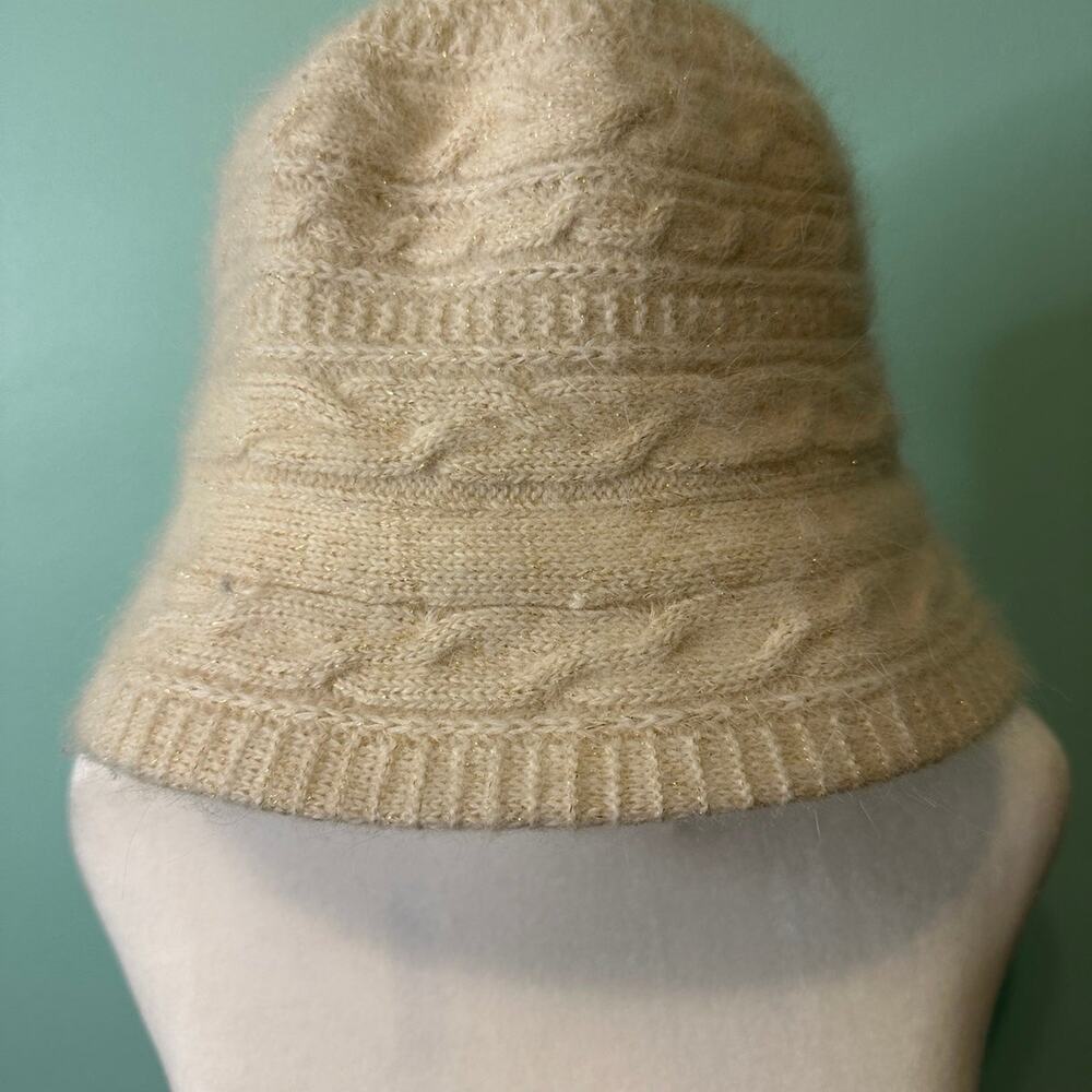 Nine West Rabbit Wool Blend Braided Knit Hat‎ White Cream Gold Accents Winter